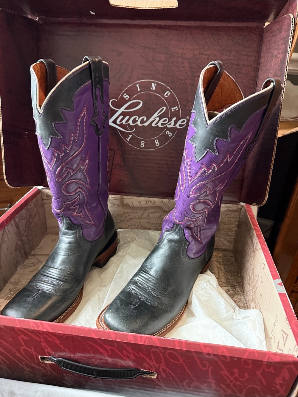 Women’s Lucchese Black & Purple Western Heeled Boots Size 10 in orginal box